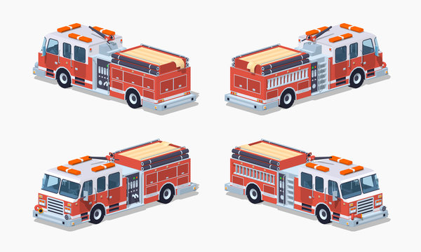 Fire truck. 3D lowpoly isometric vector illustration. The set of objects isolated against the white background and shown from different sides