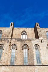 Facade of the Basilica Santa Maria del Mar Catalan Gothic style in Barcelona, Catalonia, Spain