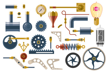 Set of parts and components of the machine mechanism. Steampunk, flat icons set