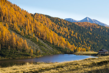 Reflections on water, autumn panorama from mountain lake