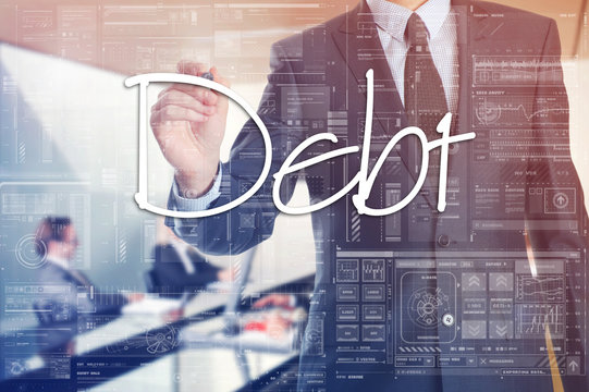 Businessman is writing on transparent board, he is preparing for presentation about: Debt