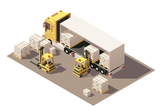 Vector Isometric Forklift Loading Box Semi-trailer Truck With Crates On Pallets Icon