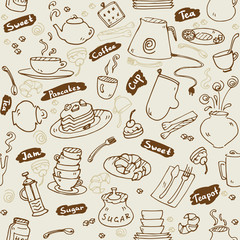 Tea party kitchen tools seamless pattern vector sketch vintage style