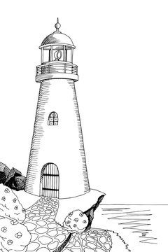 Lighthouse graphic art black white sea landscape illustration vector