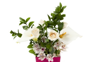 white calla lilies, white roses and white cymbidium orchids