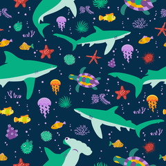 Naklejka premium Seamless vector pattern with cute cartoon sharks and fishes