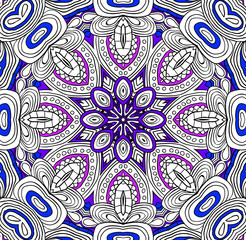 Round symmetrical pattern in blue and white colors. Mandala. Kaleidoscopic design. Can be used as adult coloring book, tile pattern, textile tracery.