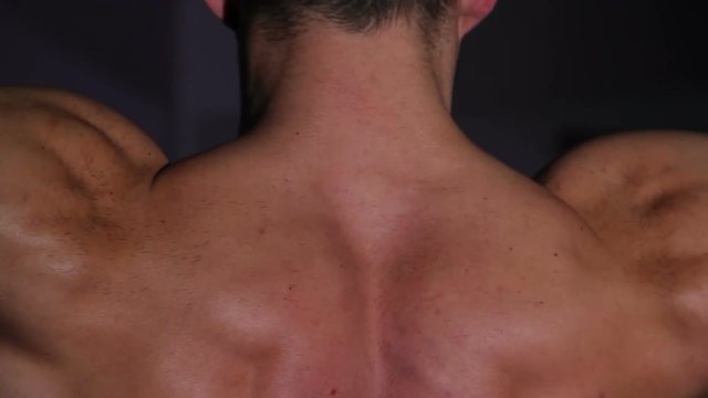 Close-up of professional male bodybuilder's massive muscular arms and shoulders