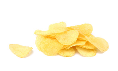 Fried salted potato chips isolated on white background