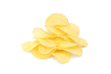Fried salted potato chips isolated on white background