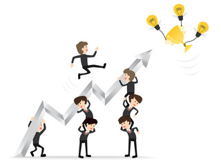 teamwork businessman raise graph arrow with leader reaching up to get golden trophy on white background,  concept of goal,achievement,award,success,teamwork