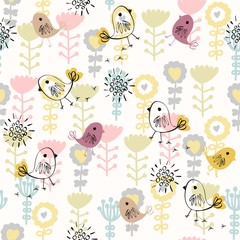 Fototapeta premium Cute seamless pattern with birds and flowers. Spring vector background.