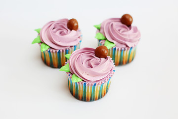 three purple cupcake on a white background