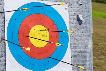Closeup on outdoor archery target board with arrows