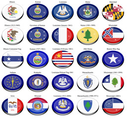 Set of icons. States and territories of USA flags.   