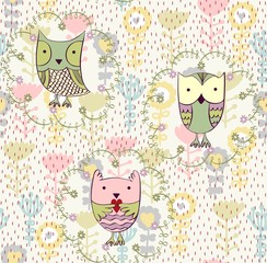 Vector illustration with cartoon owls. Seamless pattern