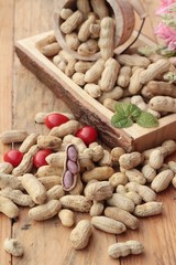 Peanut and boiled peanuts on wood background.