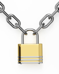 3D padlock with chain isolated over white