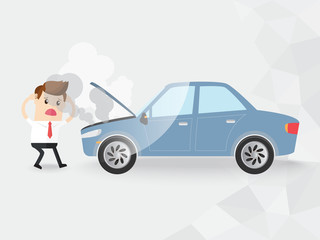businessman shocked car broke down with smoke. insurance, car rent, loan, advertisement, repair. copy space