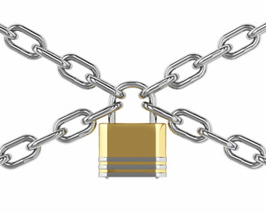 3D padlock with chain isolated over white