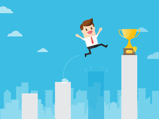 businessman jumping through gap bar like crisis to get golden trophy in charts in cityscape