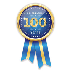 Blue celebrating 100 years badge, rosette with gold border and ribbon