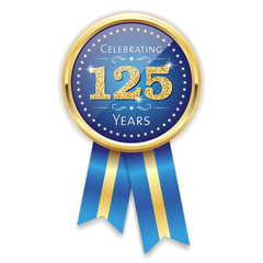 Blue celebrating 125 years badge, rosette with gold border and ribbon