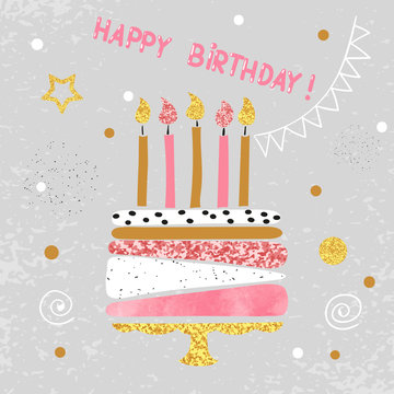Happy Birthday card design. Birthday cake with candles. Vector illustration. 