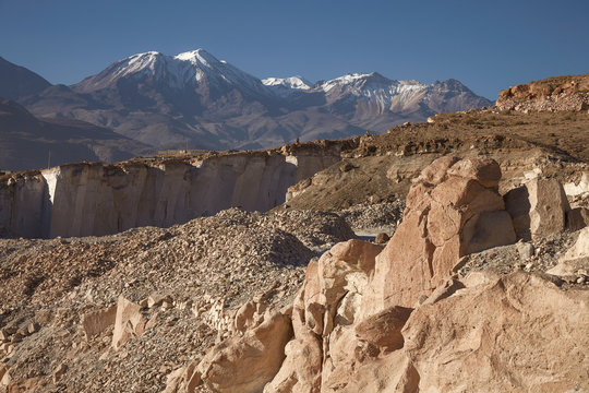 The famous sillar stone quarry, Peru. A light coloured volcanic rock used in many famous colonial buildings in Arequipa, leading to the name The White City.