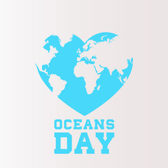 Oceans Day. World map in heart. Vector illustration.