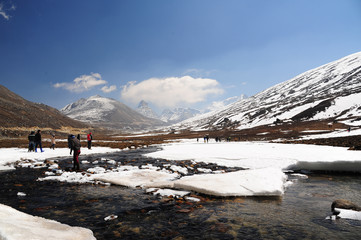 Snow Mountain View and water stream with Blue Sky at Zero Point