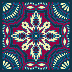 Hand drawing tile pattern in dark blue, purple and yellow colors. Italian majolica style.