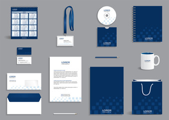 Business stationery set template, corporate identity design mock-up, stationery set with blue geometric pattern with squares, vector illustration