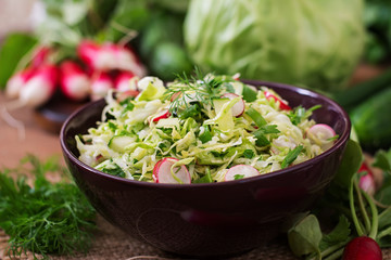 Vitamin salad of young vegetables: cabbage, radish, cucumber and fresh herbs