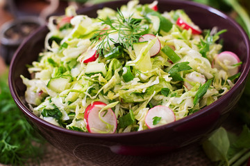 Vitamin salad of young vegetables: cabbage, radish, cucumber and fresh herbs