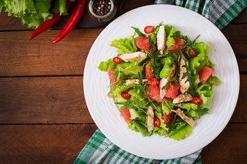 Fresh chicken salad, grapefruit, lettuce and honey mustard dressing. Dietary menu. Proper...