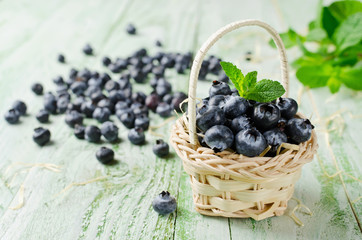 Freshly picked blueberries in a straw basket