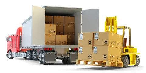 Freight transportation, packages shipment, warehouse logistics and cargo loading and unloading concept, delivery truck full of cardboard boxes and forklift with pallet isolated on white background