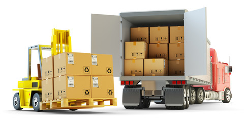 Freight transportation, packages shipment, warehouse logistics and cargo loading and unloading concept, delivery truck full of cardboard boxes and forklift with pallet isolated on white background - obrazy, fototapety, plakaty