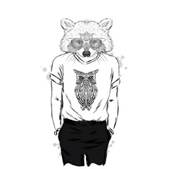 Raccoon - hipster. Vector illustration. Print.