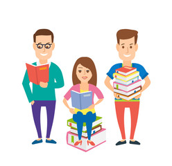 students reading books.young men and woman with book isolated on white background