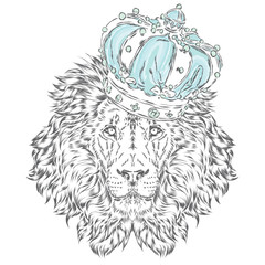 Funny lion wearing a crown. Vector . Print for cards, posters or odzhdy.