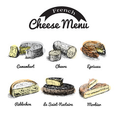 Vector illustrated Set #1 of French Cheese Menu. Illustrative sorts of cheese from France.