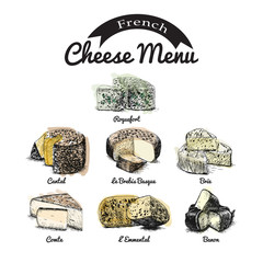 Vector illustrated Set #2 of French Cheese Menu. Illustrative sorts of cheese from France.
