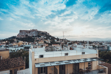 Panoramic view of sun setting over seaside village