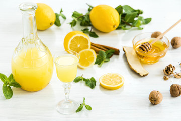 Italian traditional liqueur limoncello with lemon