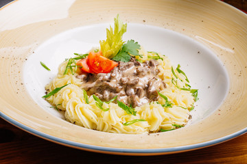 Beef Stroganoff with mashed potatoes.