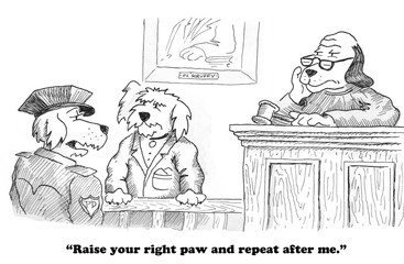Legal cartoon about dogs in court.