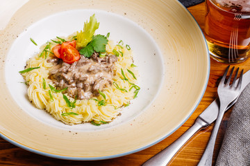 Beef Stroganoff with mashed potatoes.