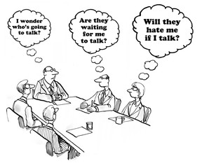 Business cartoon about waiting to speak in a meeting.